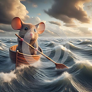 Mouse in a boat in choppy ocean illustration
