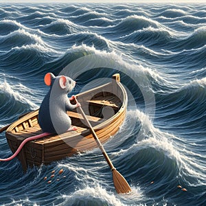 Mouse in a boat in choppy ocean illustration