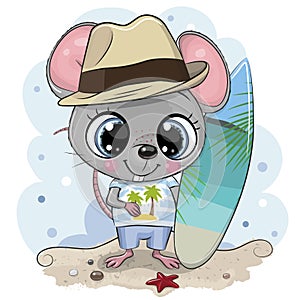 Mouse boy with a surfboard on the beach