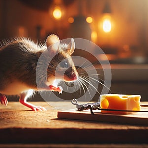 A mouse carefully avoids the dangers of the mouse trap