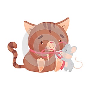 Mouse cartoon next to the cat. Vector illustration on white background.