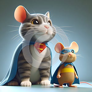 mouse and cat as superheroes , standing next to each other, smiling, funny cat and mouse images, HD pets and animlas