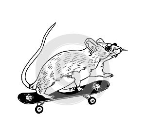 Mouse character in sunglasseson skateboard, hand drawn doodle, sketch in vintage gravure style, vector