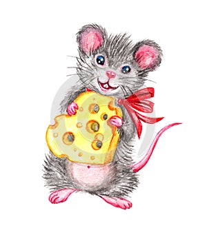 Mouse with cheese in the form of heart, watercolor illustration to Valentine`s Day.