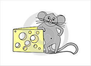 Mouse With Cheese. The Impudent Mouse Stands On Its Hind Legs, Rests On a Piece of Cheese With Holes.
