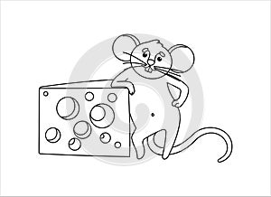 Mouse With Cheese. The Impudent Mouse Stands On Its Hind Legs, Rests On a Piece of Cheese With Holes.