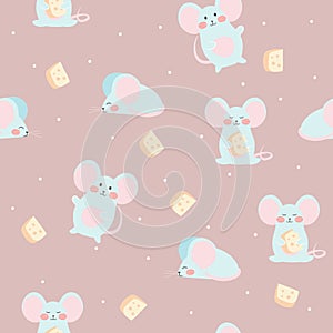Mouse and cheese. Seamless vector pattern. Cute background for baby, kids, children.