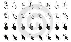 Mouse click cursor set. Click icon. Mouse pointer set. Arrow and hand cursor. Pointer cursor line icons. Editable stroke