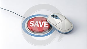 Mouse and Clicked Savings Button A computer mouse hovering over a large button that says Save demonstrating the ease of photo