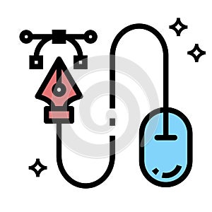 Mouse computer and ink pen tool vector icon