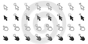 Mouse Cursor And Click Action Line And Solid Icon Set. Interactive Selection And Digital Navigation Symbol Collection
