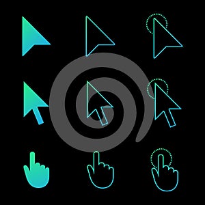 Mouse cursor icon set , arrow and hand in modern gradient style. click and link web icons. Vector illustration isolated on black