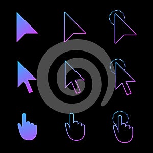 Mouse cursor icon set , arrow and hand in modern gradient style. click and link web icons. Vector illustration isolated on black