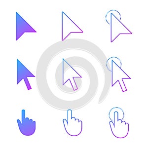 Mouse cursor icon set , arrow and hand in modern gradient style. click and link web icons. Vector illustration isolated on white