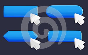 Mouse cursor pointer click on blue button 3d render illustration set.