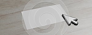 Mouse cursor pointer on a white paper against wood background. 3d illustration