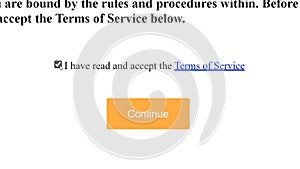 Mouse Cursor Slides Over And Check Box I have Read and Accept Terms Of Service on Web Page Click Continue. Device Screen View