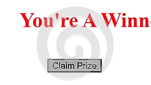 Mouse Cursor Slides Over And Clicks Claim Prize With You`re A Winner Marquee on Web Page. Device Screen View of Cursor Clicking