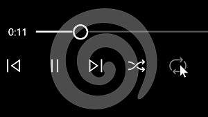 Mouse cursor slides over and clicks replay audio video button. Device screen view of cursor clicking repeat music song track
