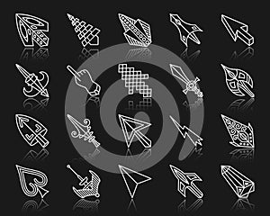 Mouse Cursor simple white line icons vector set
