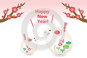 Mouse dolls and plum branch for new year greeting card. 2020 is the year of the rat according to Chinese zodiac