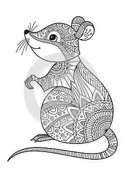 Mouse doodle coloring book page. Antistress for adult. Zentangle style. Chinese symbol of the year the rat in the eastern