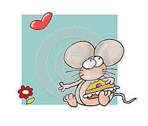 Mouse eating cake with flower and heart Color illustration humorist button or icon photo