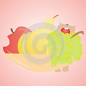 Mouse eats fruit, apple, pear, grapes