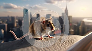 Mouse exploring the city close-up. Generative AI.