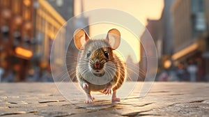 Mouse exploring the city close-up. Generative AI.