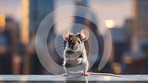 Mouse exploring the city close-up. Generative AI.