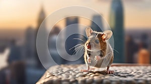 Mouse exploring the city close-up. Generative AI.