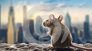 Mouse exploring the city close-up. Generative AI.