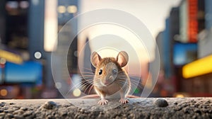 Mouse exploring the city close-up. Generative AI.