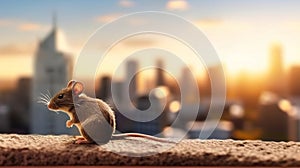 Mouse exploring the city close-up. Generative AI.
