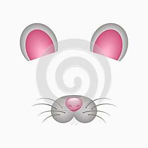 Mouse face elements - ears, nose and teeth. Selfie photo and video chart filter with cartoon animals mask. Vector.