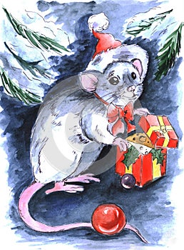 Mouse with a gift for the new year under a snow-covered Christmas tree