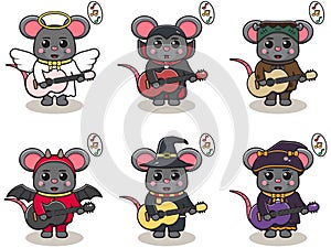 Vector illustration of cute Mouse with Halloween costume playing Guitar.