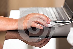 Mouse in hand at work on laptop