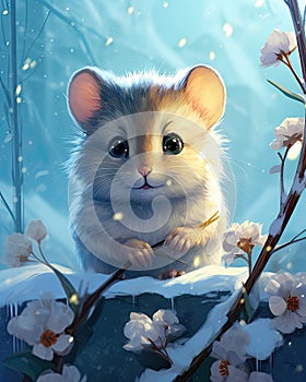 a mouse holding a branch in snow