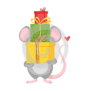 Mouse holding colorful christmas gifts