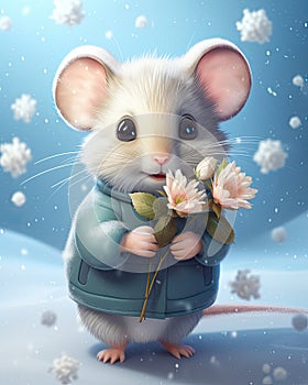 a mouse holding flowers in snow