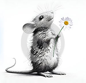 Mouse Holding A White Daisy Flower