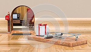 Mouse home and mouse trap with gift box, 3D rendering