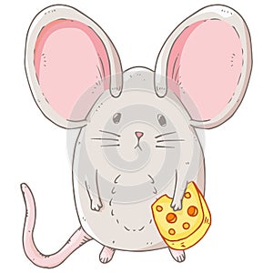 Mouse icon. Vector illustration of a cute little mouse with big ears. Hand drawn cartoon mouse holding a slice of cheese
