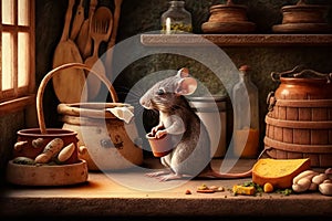 mouse in kitchen looking window, illustration Generative AI