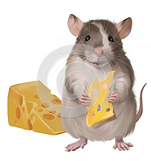 Mouse and large pieces of cheese. Watercolor drawing