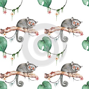 Mouse lemur pattern. Hand drawn cute watercolor cartoon mouse lemur on tree with jungle leaves on white background