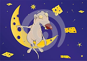 Mouse on the moon in the cheese country. Cartoon