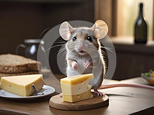 Mouse Munchies: Cute Rodent Indulging in Cheese Feast on the Table